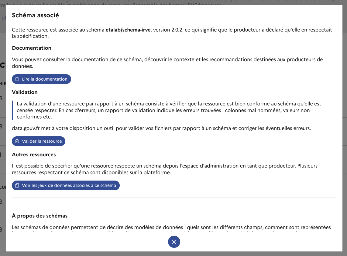 Capture d'écran de data.gouv.fr des informations disponibles sur la page d'un jeu de données lorsqu'un schéma est spécifié sur une ressource